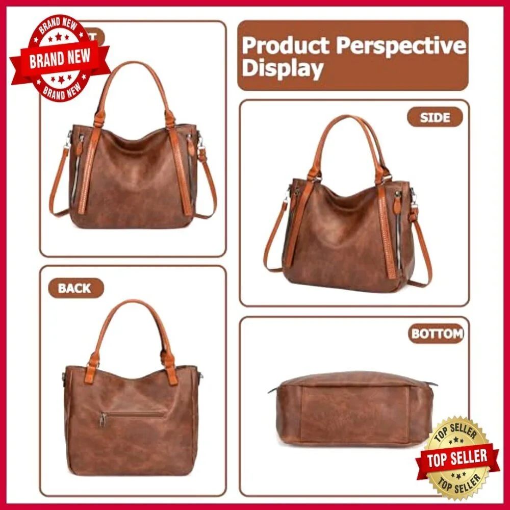 Large Vegan Leather Tote Bag with Adjustable Strap, Laptop Compatible